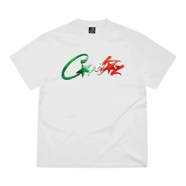 HypeSelection white 100% cotton t-shirt with green and red 'Allstarz Italia' graphic logo. Relaxed fit, ideal for streetwear.