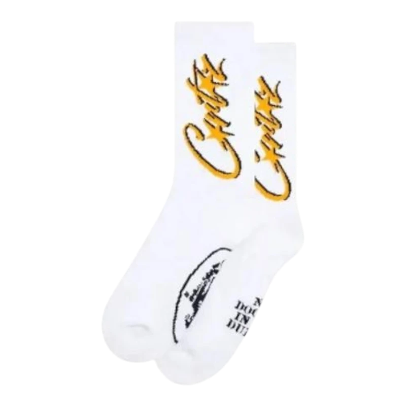 HypeSelection white cotton-blend crew socks with yellow Corteiz branding and black Alcatraz logo detail.