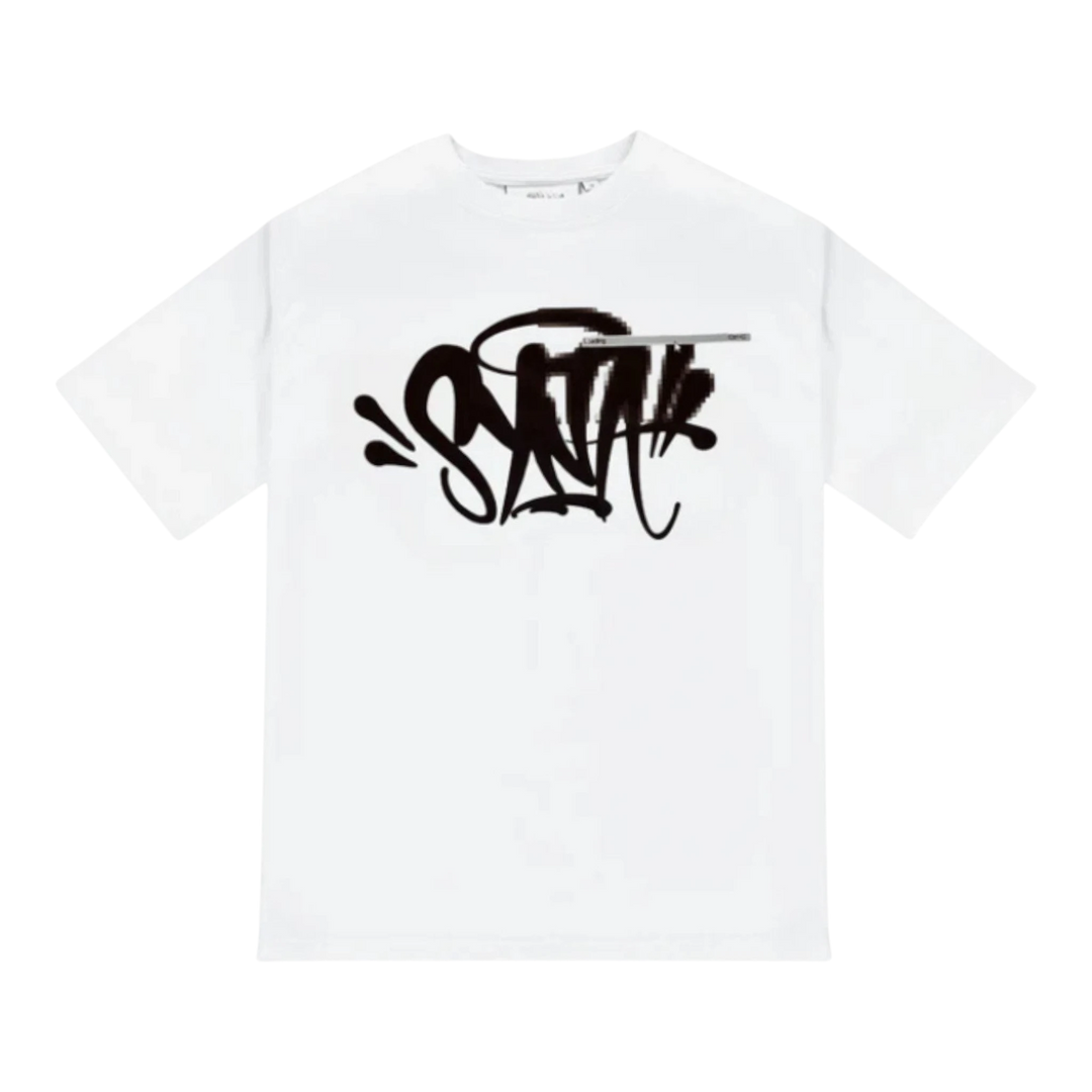 HypeSelection white 100% cotton t-shirt with black graffiti-style pixel graphic logo on the chest. Relaxed fit.