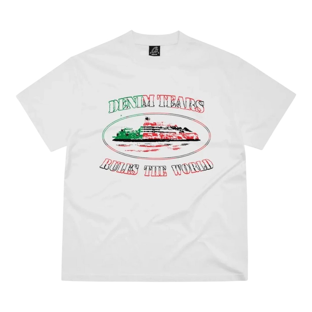 HypeSelection white 100% cotton t-shirt with 'DENIM TEARS RULES THE WORLD' graphic featuring Alcatraz island in red, green, and black.