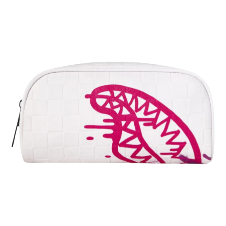 HypeSelection white synthetic leather pouch with pink graffiti shark teeth graphic and checkered texture.
