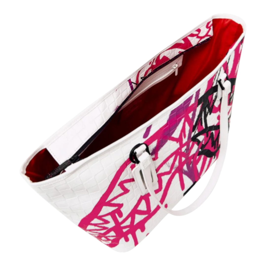 HypeSelection white tote bag with pink and black graffiti print, dual handles, and red interior.