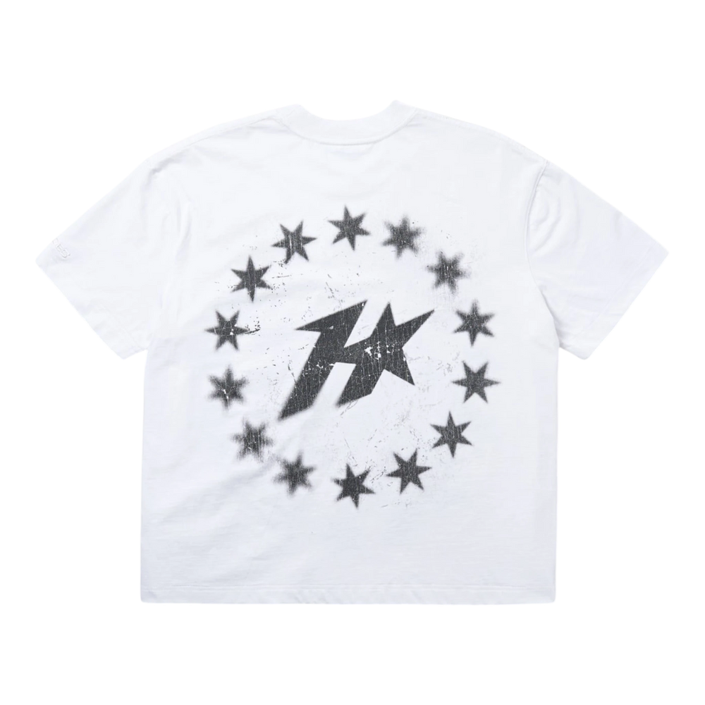 HypeSelection white 100% cotton tee with bold black starburst and fist graphic on front and back.
