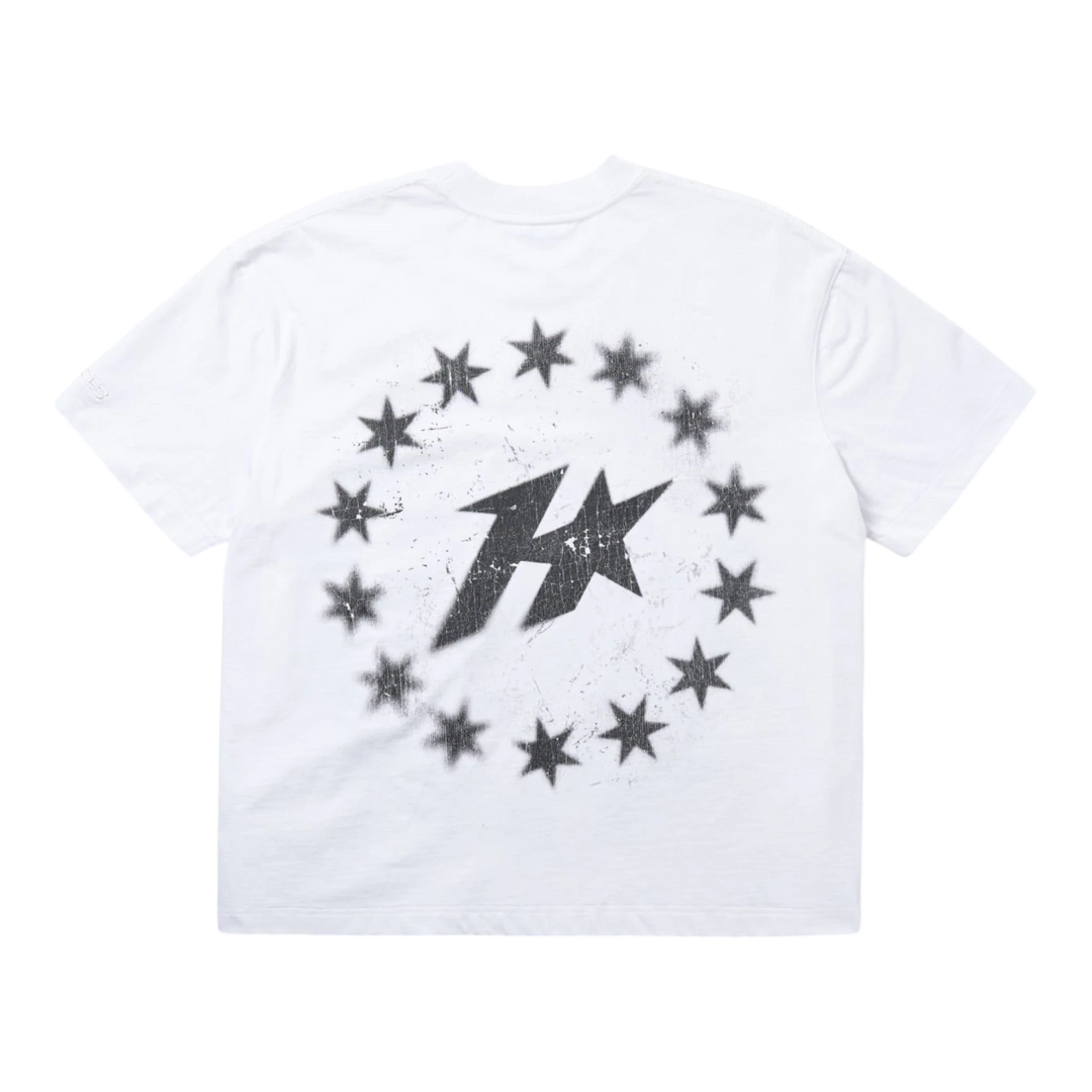HypeSelection white 100% cotton tee with bold black starburst and fist graphic on front and back.