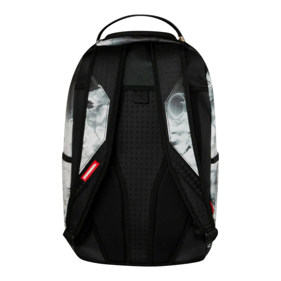 HypeSelection Sprayground Elevate White Backpack with black padded straps and white marble pattern accents.