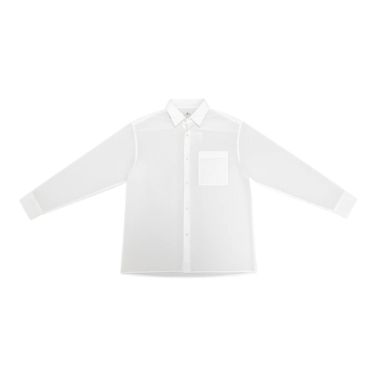 HypeSelection white 100% cotton broadcloth oversized long-sleeve shirt with chest pocket and square hem.