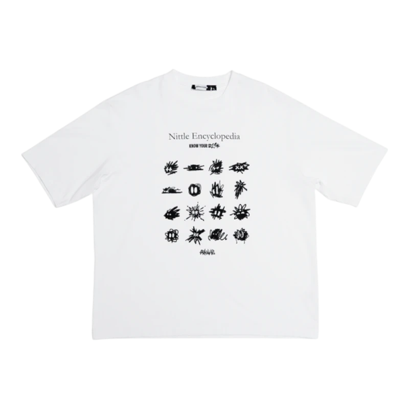 White 100% cotton oversized t-shirt with black graphic print of symbols and text "Nittle Encyclopedia" and "KNOW YOUR SHIT".