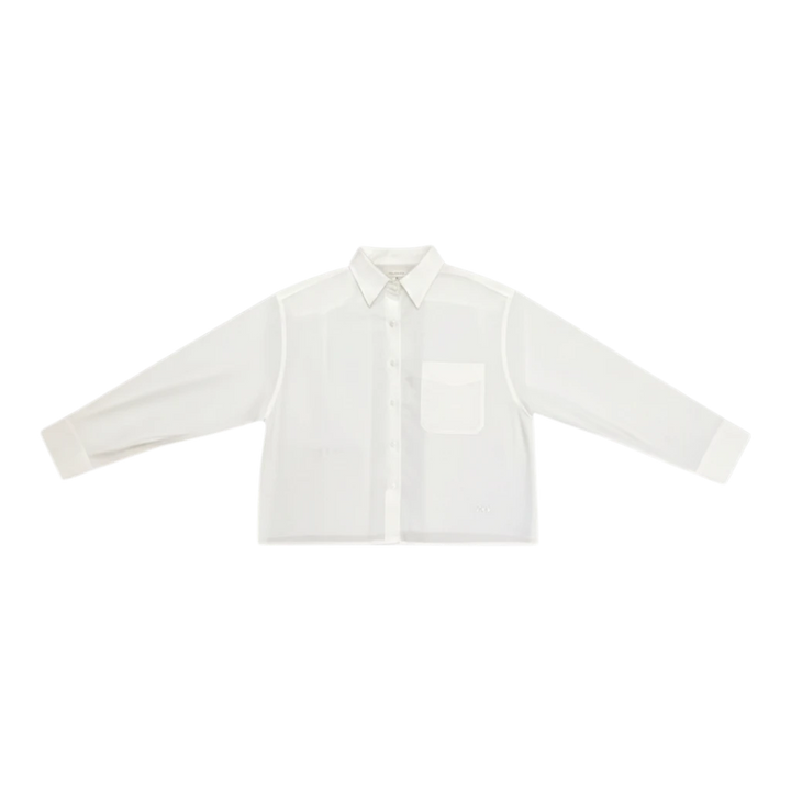 HypeSelection white cotton-rayon blend oversized Oxford shirt with chest pocket and subtle JW Anderson embroidery.