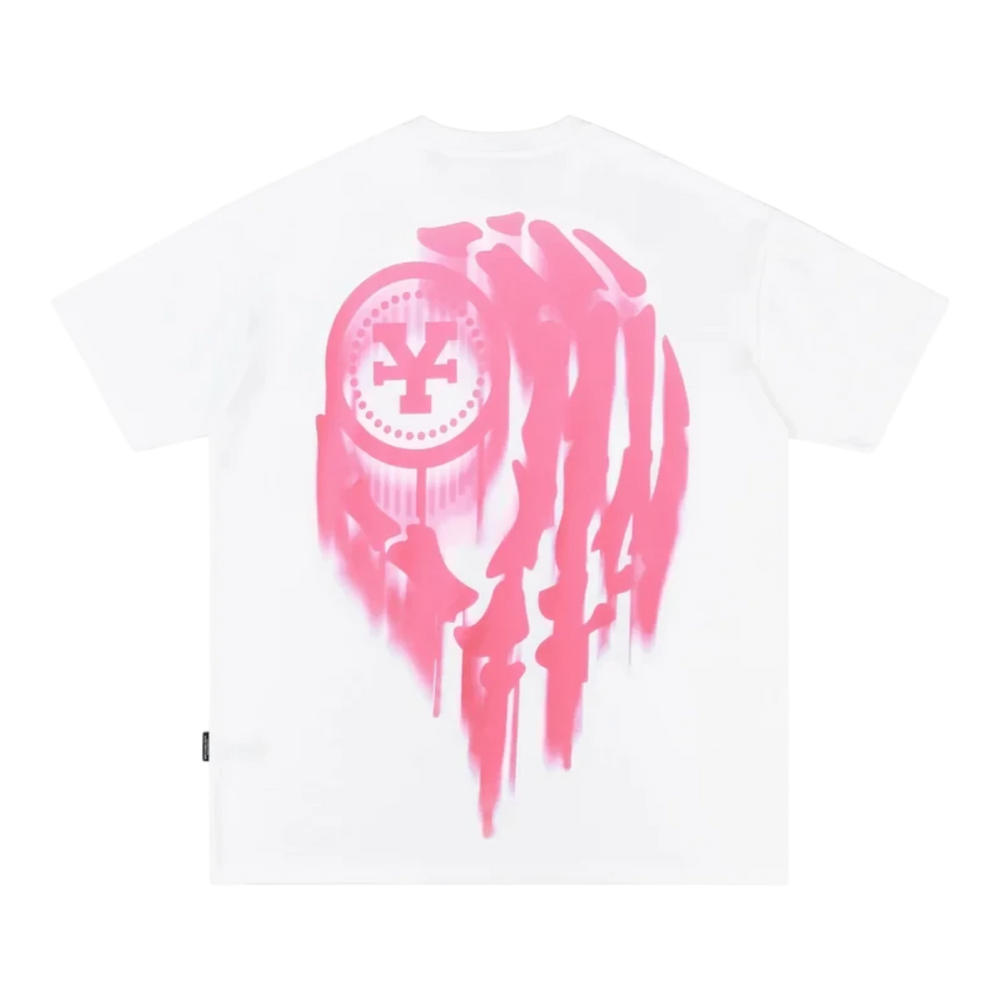 HypeSelection white cotton t-shirt with pink spray logo graphic on back. Regular fit, streetwear style.