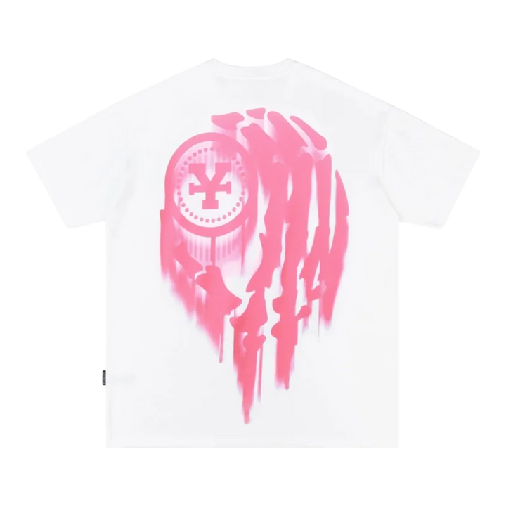 HypeSelection white cotton t-shirt with pink spray logo graphic on back. Regular fit, streetwear style.