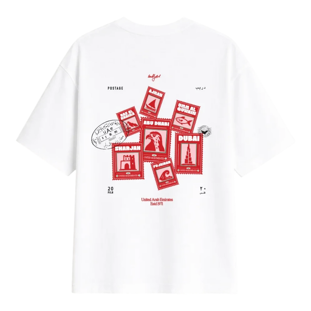 HypeSelection white oversized t-shirt featuring a red vintage UAE postage stamp graphic on the back