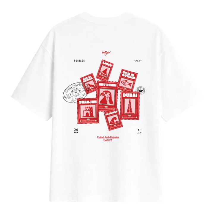 HypeSelection white oversized t-shirt featuring a red vintage UAE postage stamp graphic on the back