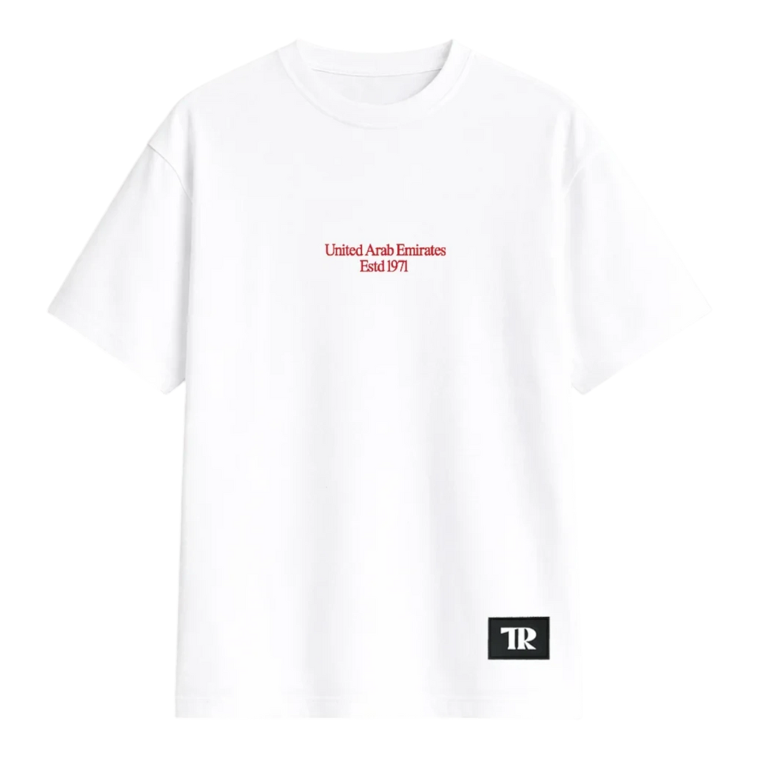 HypeSelection white oversized t-shirt featuring United Arab Emirates Estd 1971 red text and a small TR logo patch.