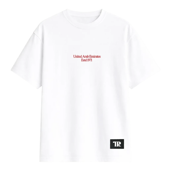 HypeSelection white oversized t-shirt featuring United Arab Emirates Estd 1971 red text and a small TR logo patch.