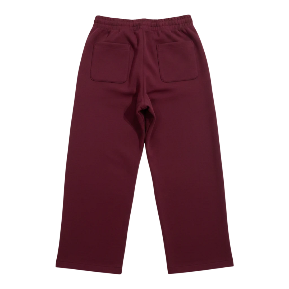 HypeSelection wine red wide-leg sweatpants with dual-texture cotton-polyester fabric and adjustable hem drawstrings.