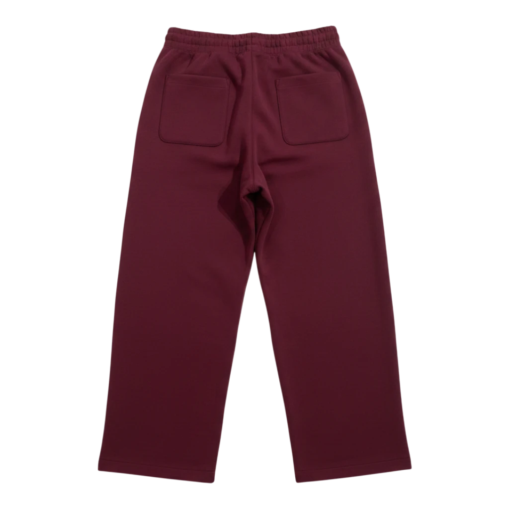 HypeSelection wine red wide-leg sweatpants with dual-texture cotton-polyester fabric and adjustable hem drawstrings.