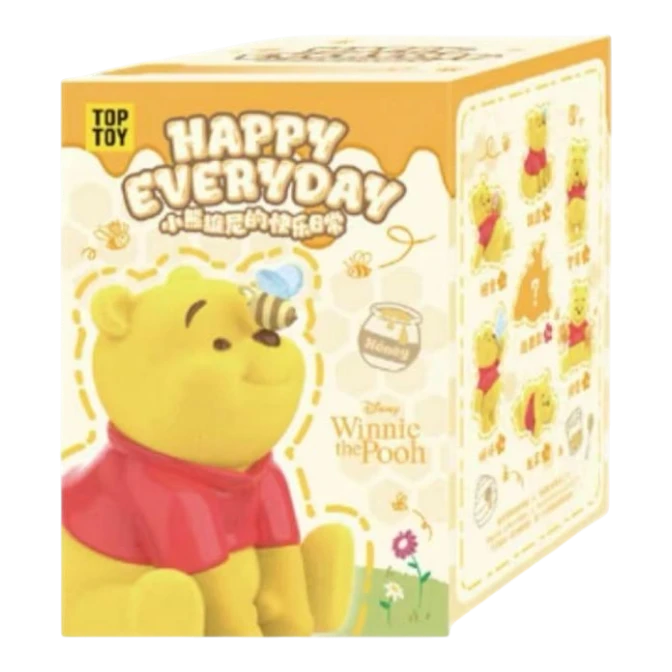 HypeSelection Winnie the Pooh happy everyday blind box figure with a bee on its nose. Yellow flocked toy with red shirt.