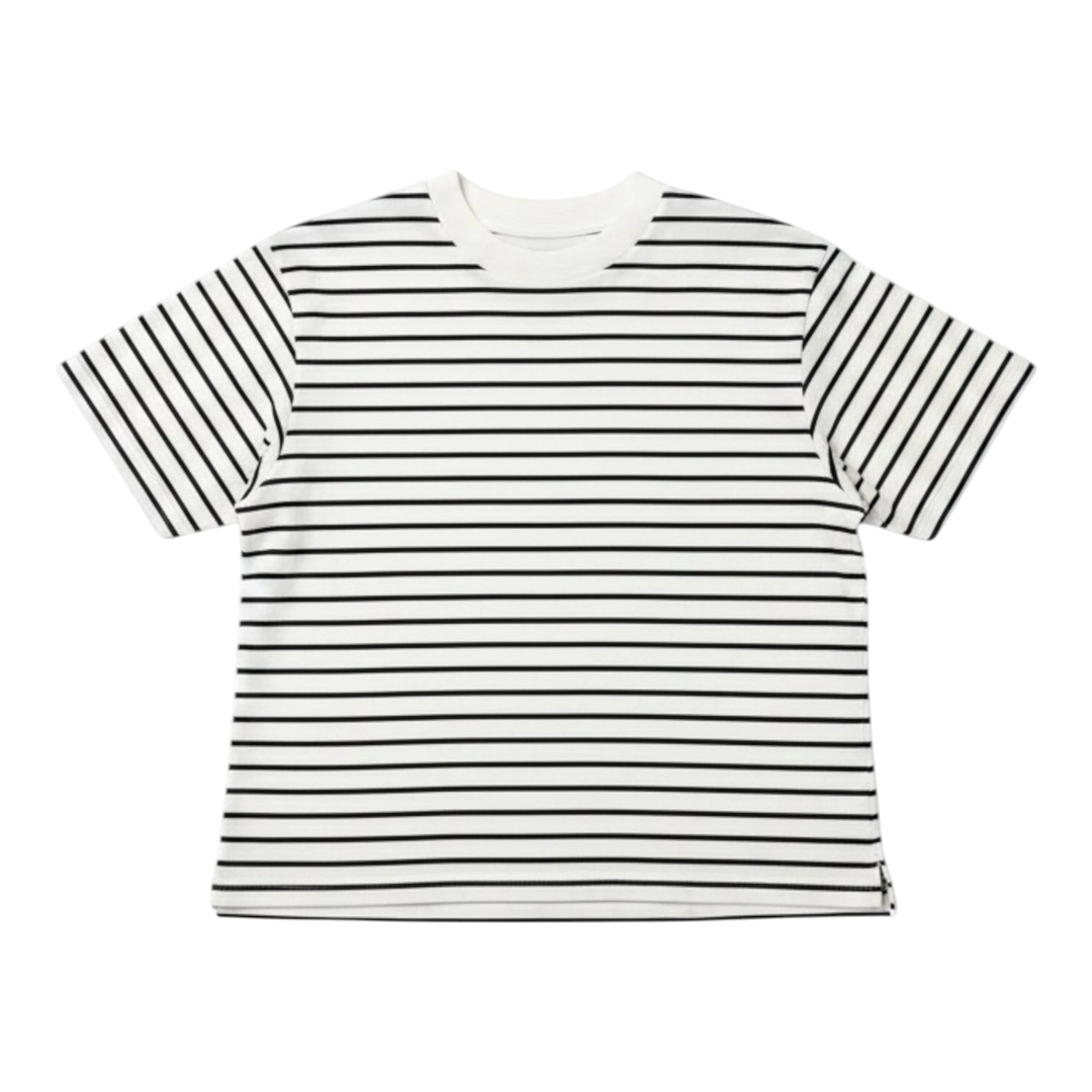 HypeSelection women's off-white cotton-blend t-shirt with black horizontal stripes, crew neck, and relaxed fit.