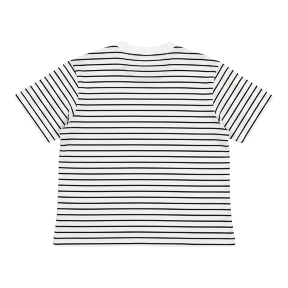 HypeSelection women's off-white cotton-polyester blend t-shirt with black horizontal stripes and a ribbed neckline.