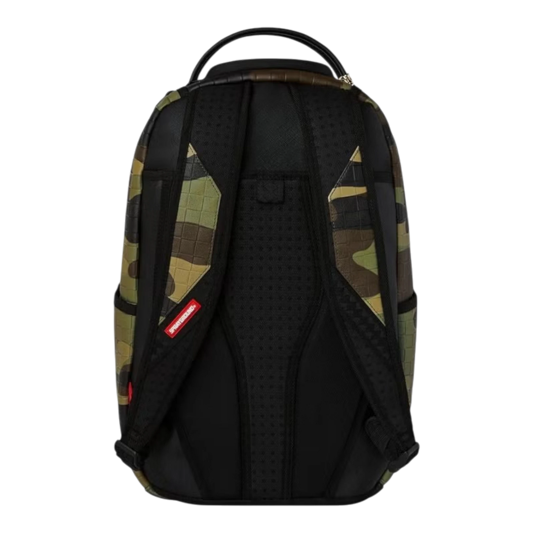 HypeSelection Sprayground Woodland Camo Check backpack showing the black padded back panel and adjustable straps.