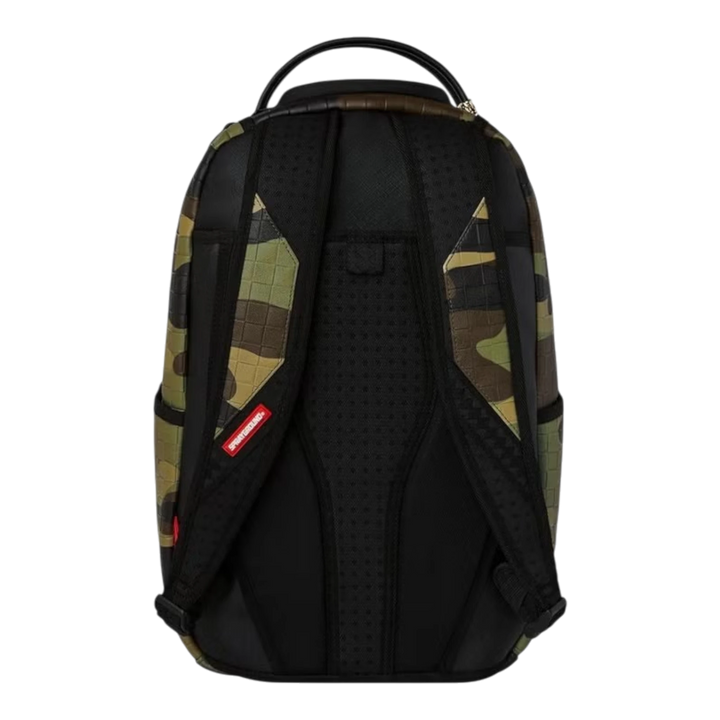 HypeSelection Sprayground Woodland Camo Check backpack showing the black padded back panel and adjustable straps.
