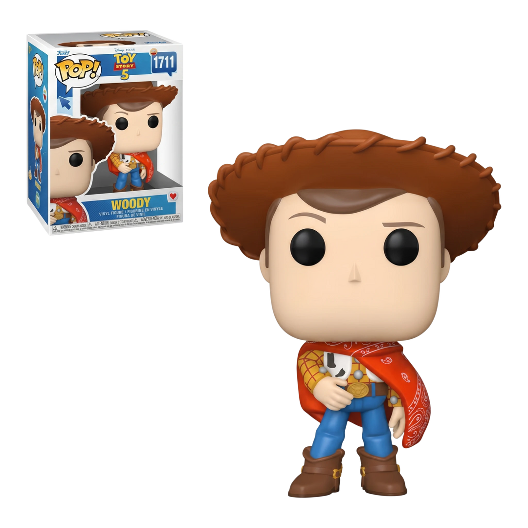 HypeSelection Funko Pop! Disney Toy Story 5 Woody vinyl figure wearing a cowboy hat, plaid shirt, and red bandana.