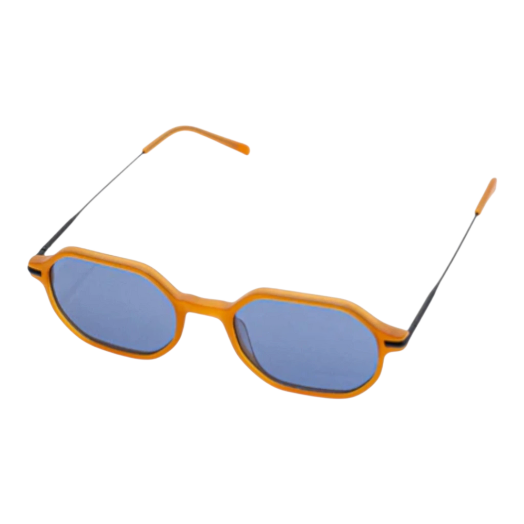 HypeSelection Ryoko PhantomGlow sunglasses with a bold yellow frame and blue lenses. Octagonal shape, lightweight design for all-day comfort.