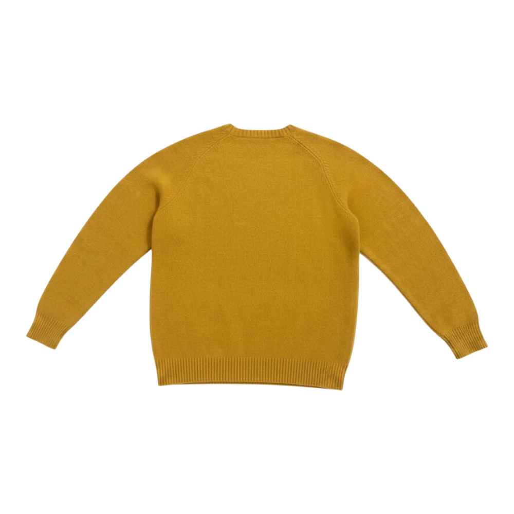 HypeSelection Uniqlo x KAWS yellow lambswool crew neck sweater with embroidered details. Lightweight knit for layering.