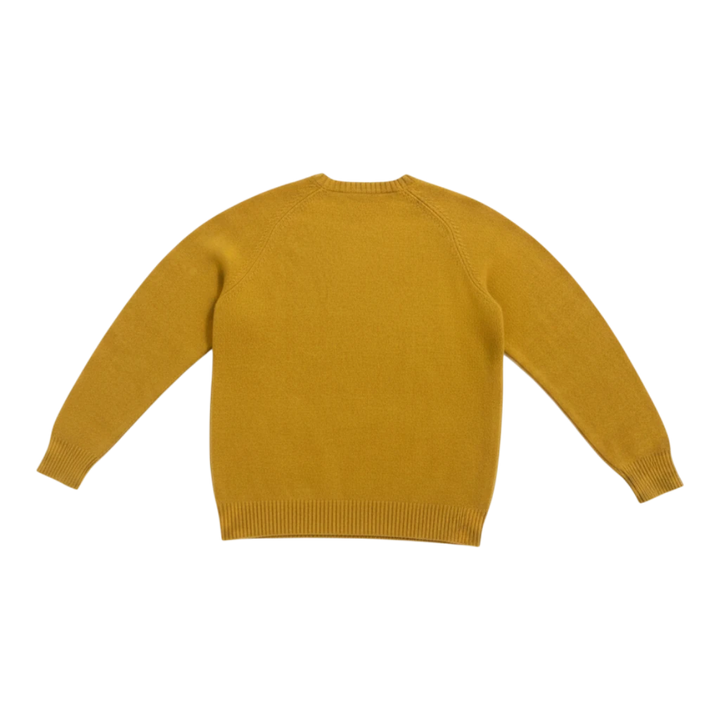 HypeSelection Uniqlo x KAWS yellow lambswool crew neck sweater with embroidered details. Lightweight knit for layering.