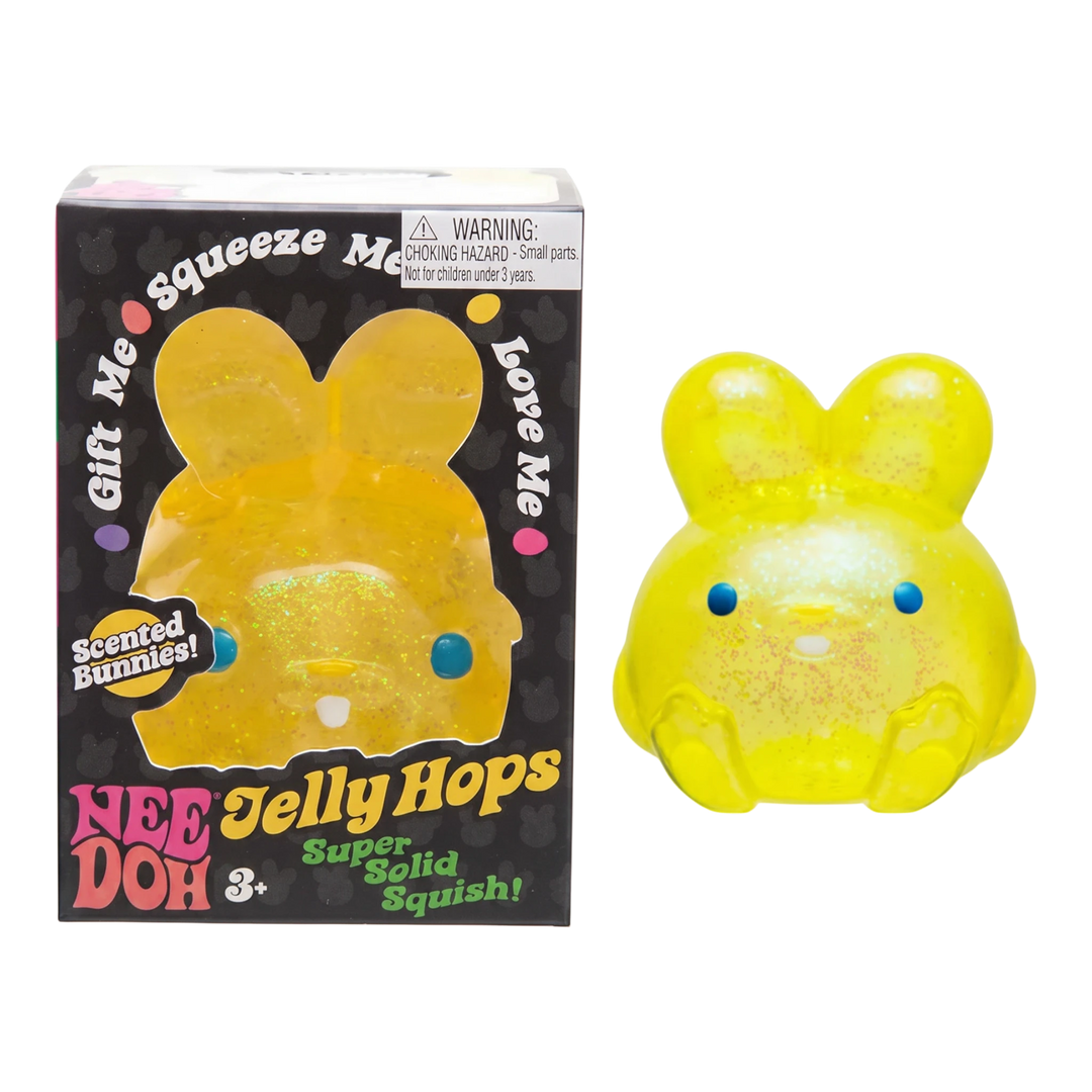 HypeSelection yellow NeeDoh Jelly Hop bunny sensory squeeze toy with glitter and Twinkleberry Taffy scent in packaging
