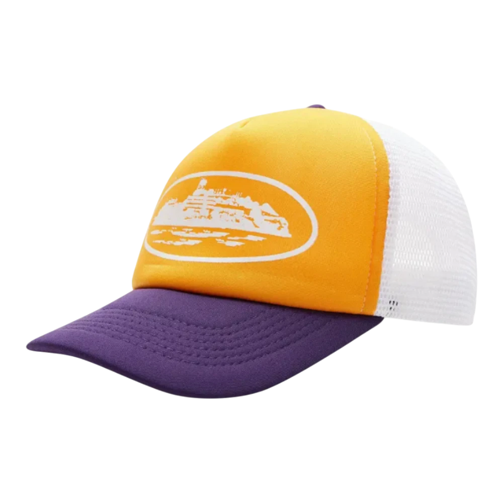 HypeSelection yellow and purple trucker hat with Alcatraz logo. Cotton front, mesh back, adjustable snapback.