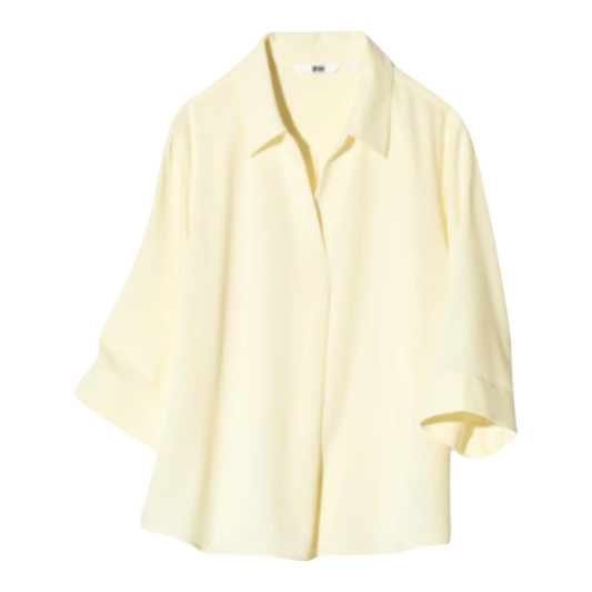 HypeSelection yellow rayon-blend blouse with 3/4 sleeves and skipper collar. Wrinkle-resistant fabric.