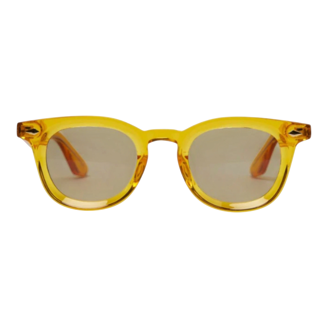 HypeSelection Ryoko NostalgiaGlare sunglasses with translucent yellow frames and brown tinted lenses. Retro-inspired design.