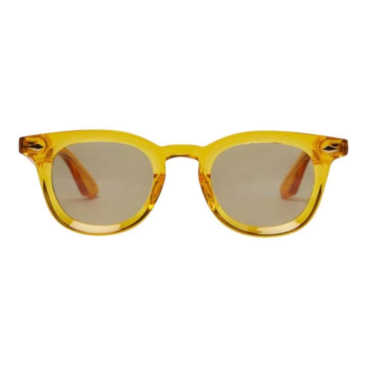 HypeSelection Ryoko NostalgiaGlare sunglasses with translucent yellow frames and brown tinted lenses. Retro-inspired design.