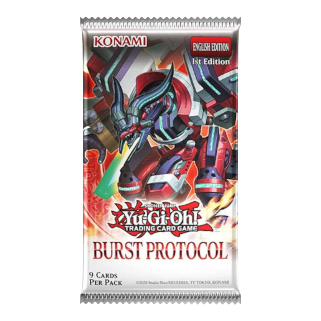 HypeSelection Yu-Gi-Oh! Burst Protocol Booster Pack featuring a red and blue mechanical dragon and the Yu-Gi-Oh! TCG logo.