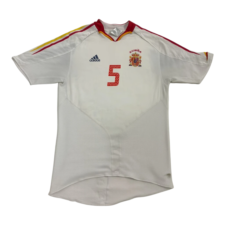 Vintage Adidas Spain Puyol jersey with red number 5 on front. White with red and yellow accents.