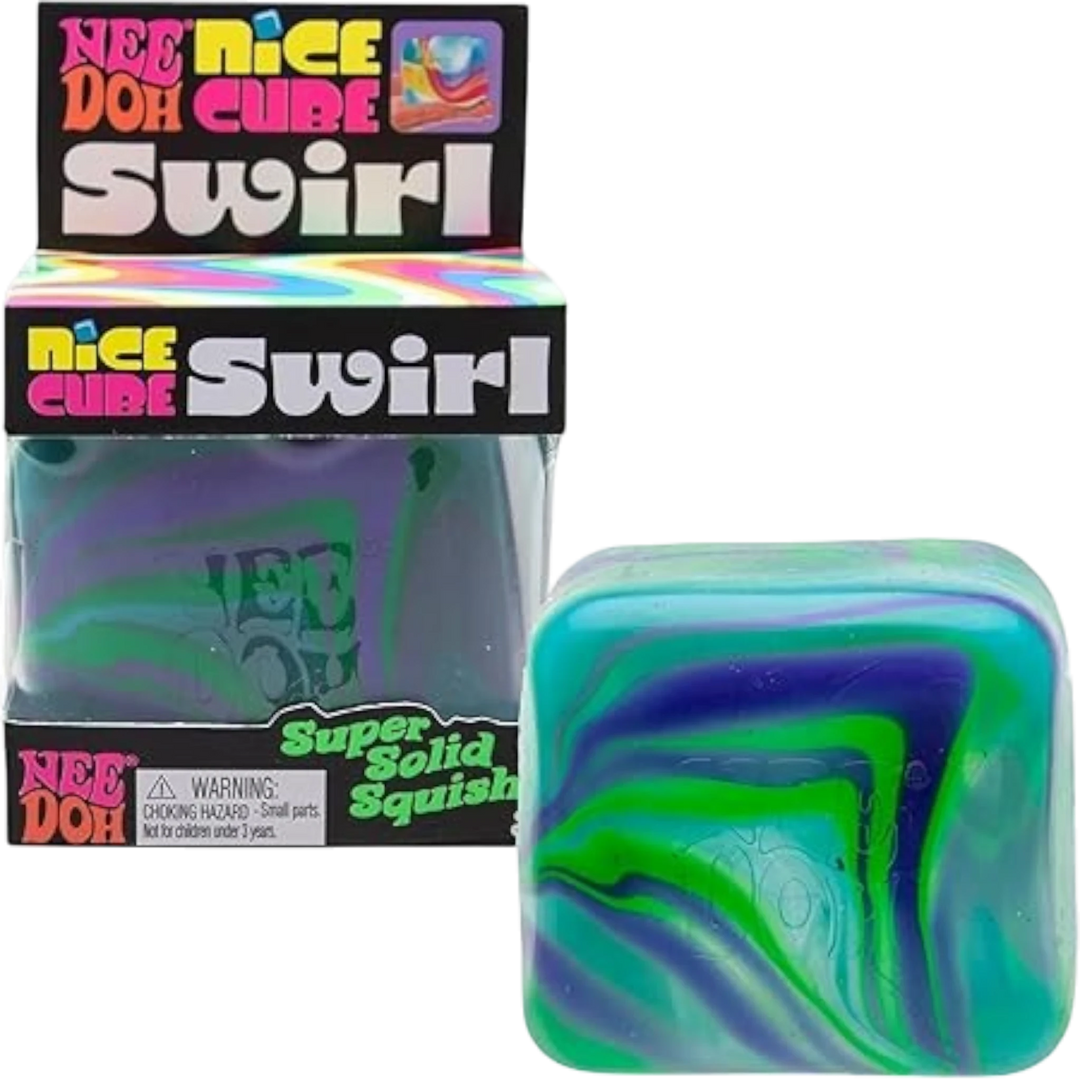 NeeDoh Nice Cube Swirl Green sensory toy, a semi-transparent TPR cube with a unique marbled pattern of green, blue, and purple swirls. Perfect for fidgeting and stress relief.