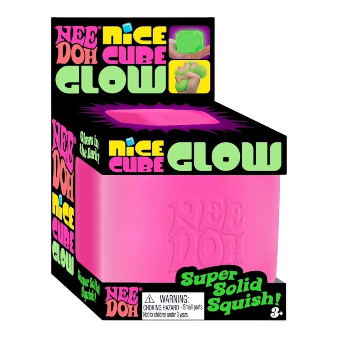 NeeDoh Nice Cube Glow sensory fidget toy in bright pink, glows in the dark. Made by Schylling.