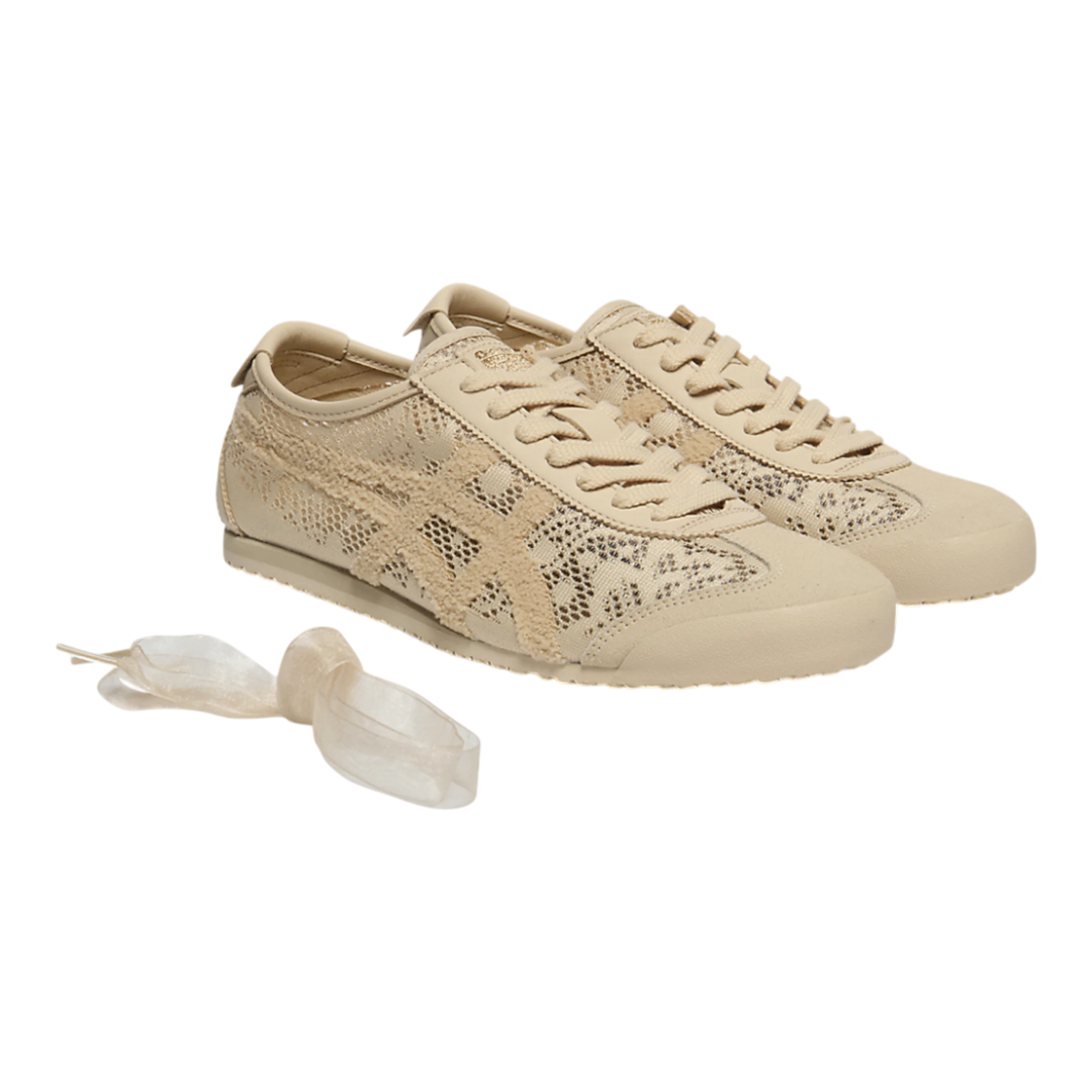 Onitsuka Tiger Mexico 66 Jacquard Mesh beige sneakers with lace-like mesh upper and paisley pattern detail.