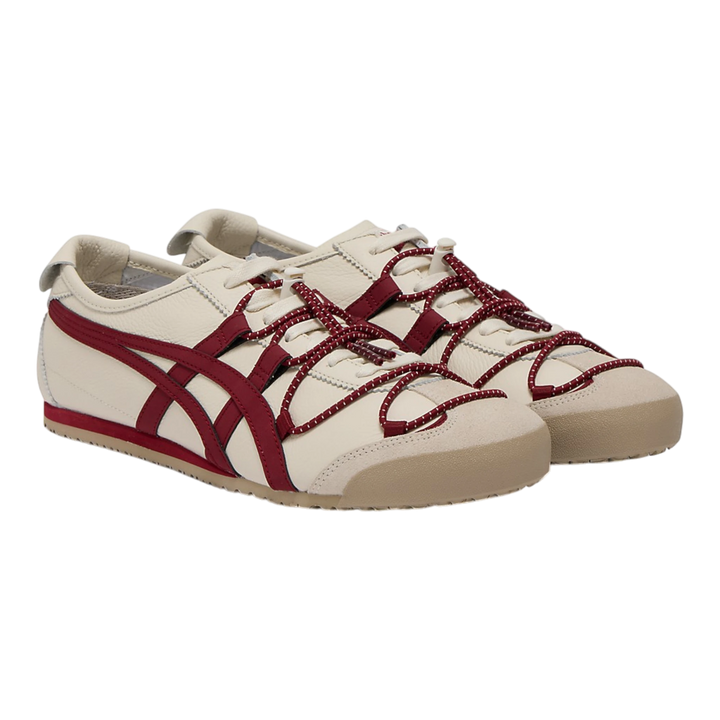Onitsuka Tiger Mexico 66 VINY Birch/Beet Juice leather sneakers with layered elastic and standard laces.