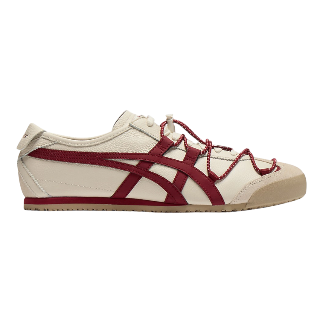 Onitsuka Tiger Mexico 66 VINY birch leather sneakers with beet juice stripes and layered elastic laces.