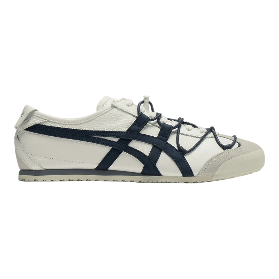 Onitsuka Tiger Mexico 66 VINY off-white leather low-top sneakers with navy stripes and layered lacing.
