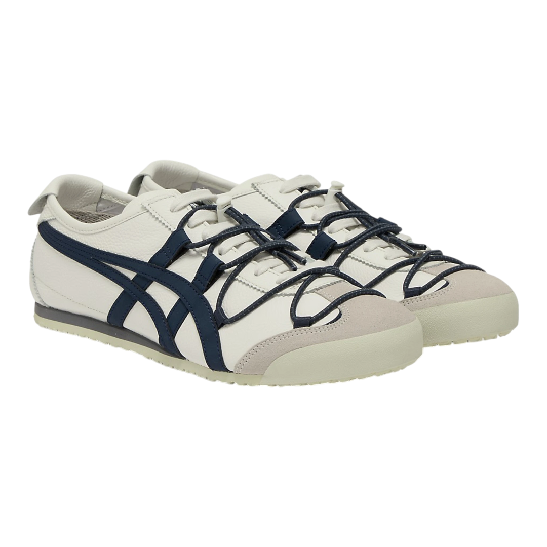 Onitsuka Tiger Mexico 66 VINY off-white leather sneakers with navy stripes and layered laces. Low-profile design.