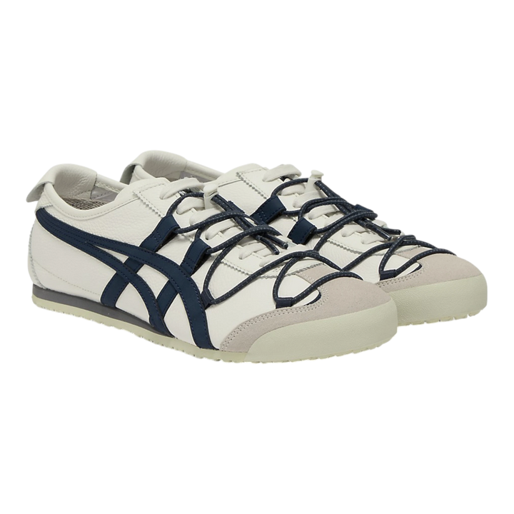 Onitsuka Tiger Mexico 66 VINY off-white leather sneakers with navy stripes and layered laces. Low-profile design.