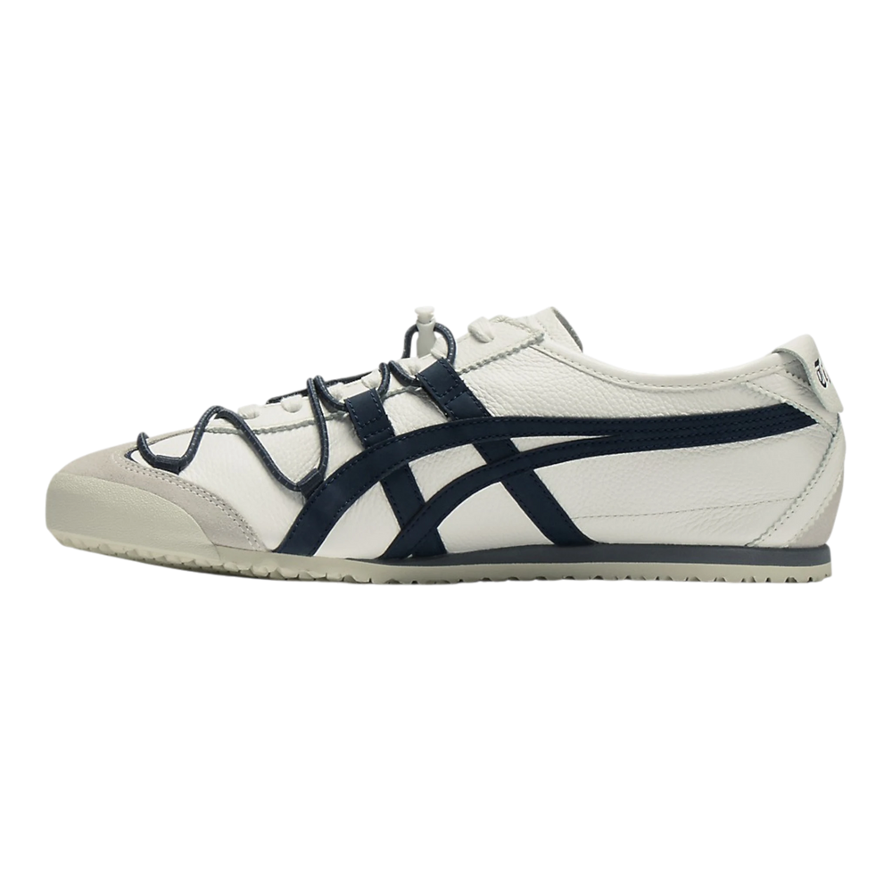 Onitsuka Tiger Mexico 66 VINY off-white leather sneakers with navy stripes and unique layered lacing.