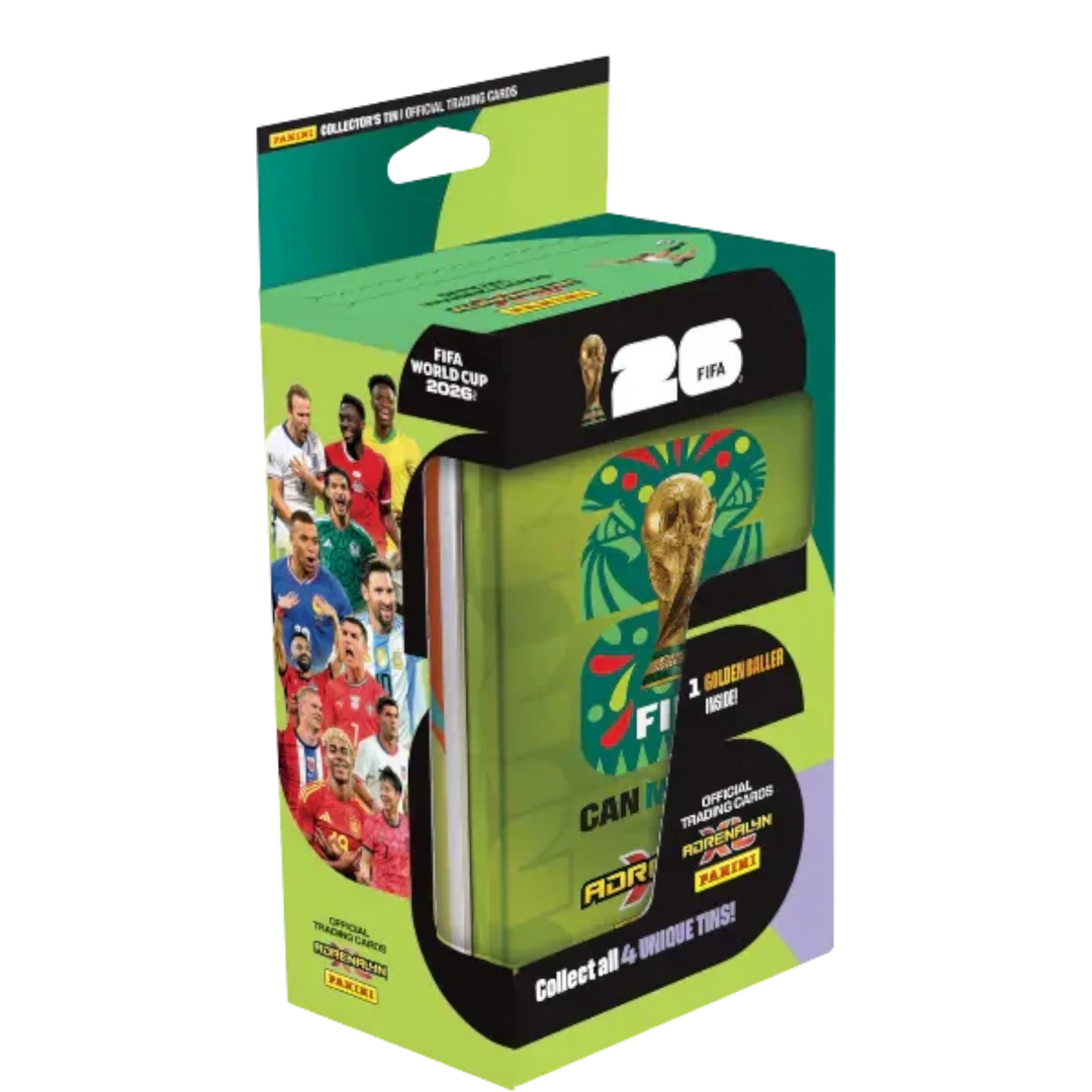 Panini FIFA World Cup 2026 Classic Tin with 8 trading card packets, 1 Limited Edition card, and 1 Golden Baller card. Features player images and the FIFA World Cup trophy.