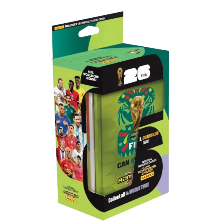 Panini FIFA World Cup 2026 Classic Tin with 8 trading card packets, 1 Limited Edition card, and 1 Golden Baller card. Features player images and the FIFA World Cup trophy.