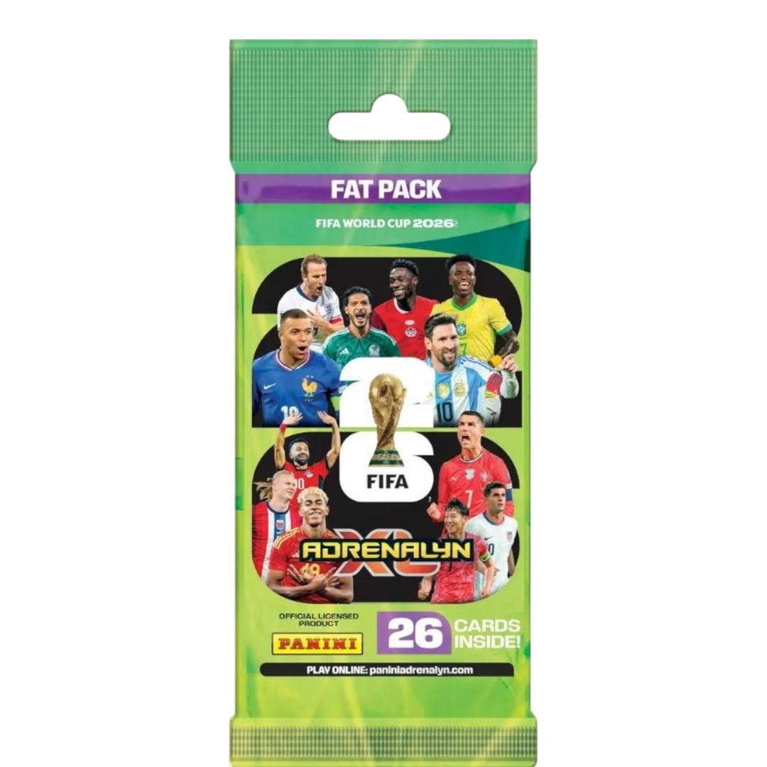 Panini FIFA World Cup 2026 Adrenalyn XL Fat Pack featuring 26 cards with special guaranteed pulls. Includes players from various nations.