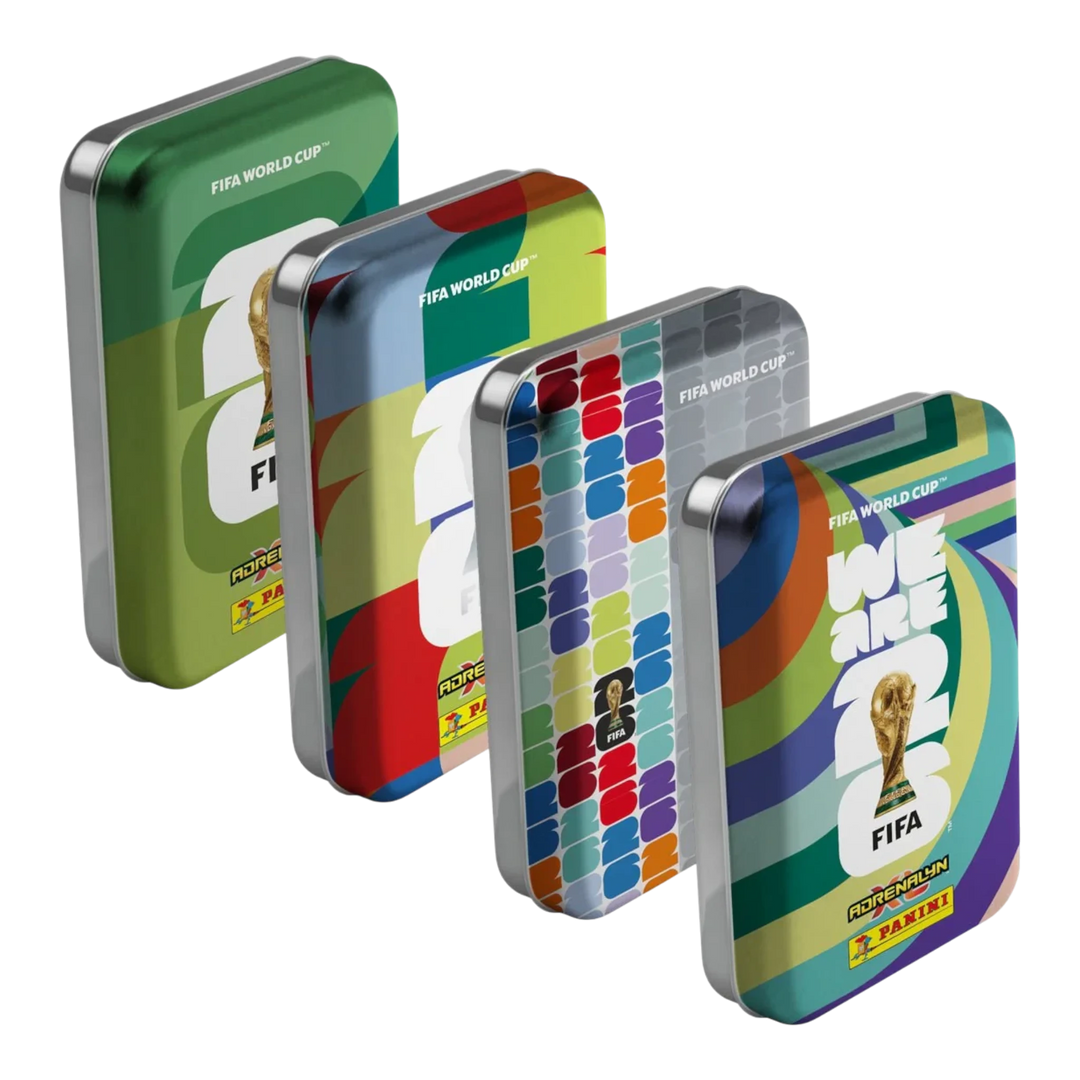 Four collectible metal tins for Panini FIFA World Cup 2026 Adrenalyn XL cards, featuring colorful designs and FIFA branding.