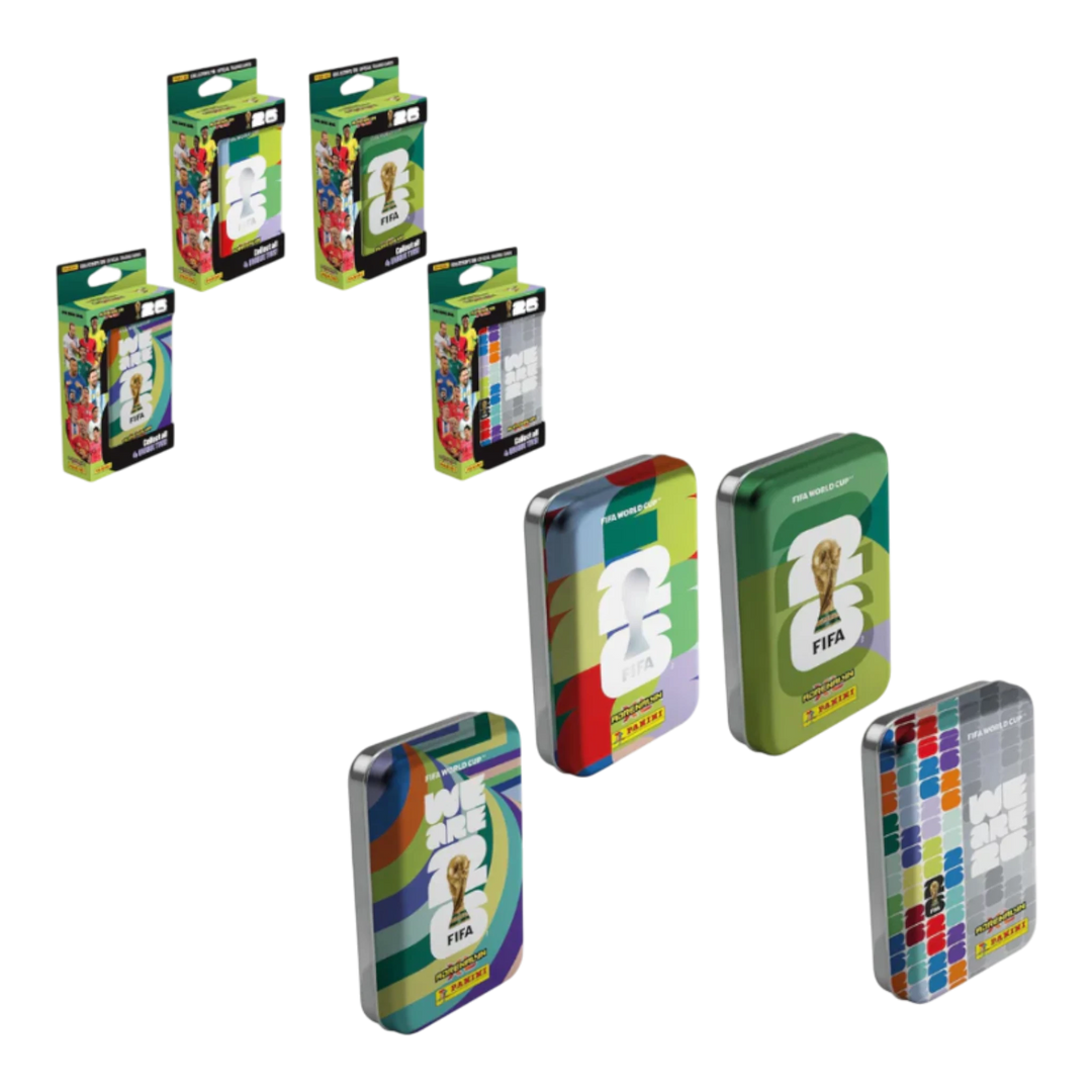 Panini FIFA World Cup 2026 Adrenalyn XL mini tins in various colorful designs, featuring the FIFA World Cup trophy and player graphics.